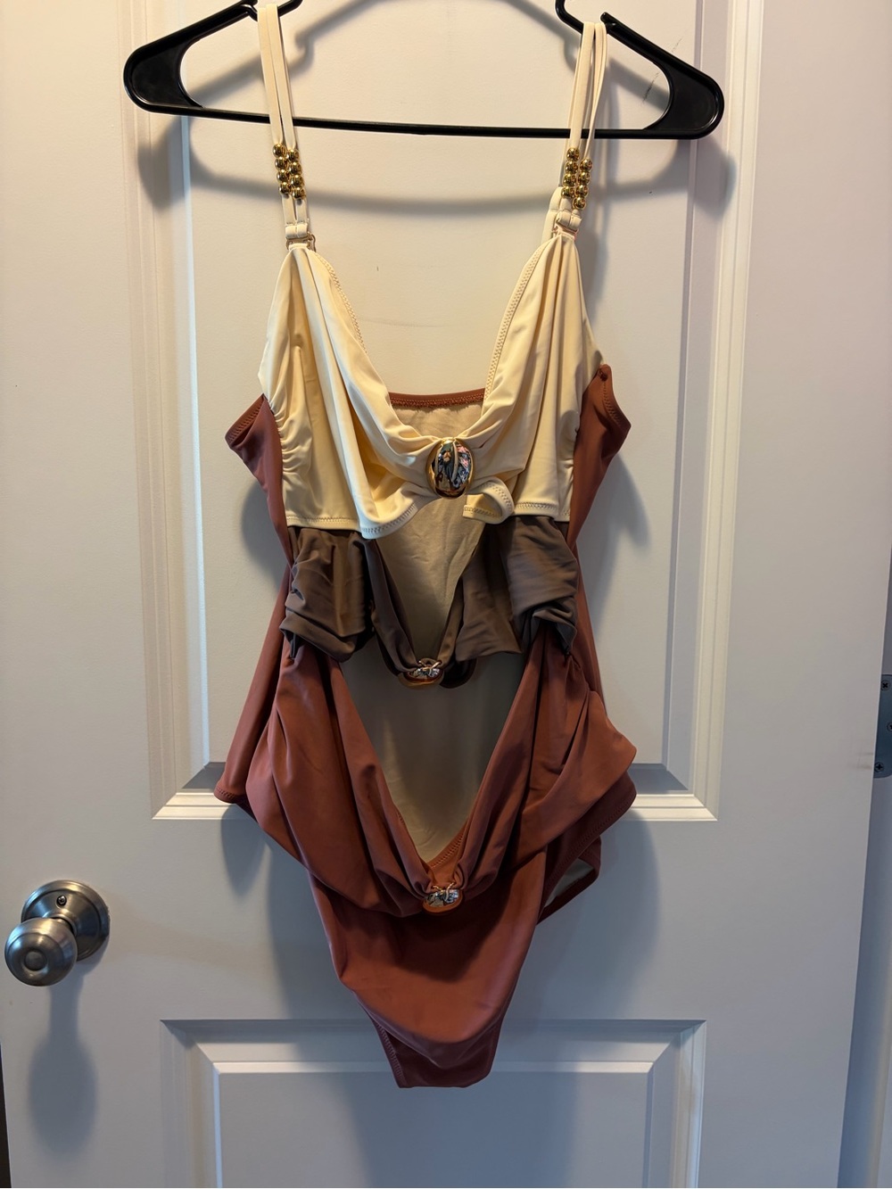 Draped Colorblock One-Piece Swimsuit in Cream and Rust Brown